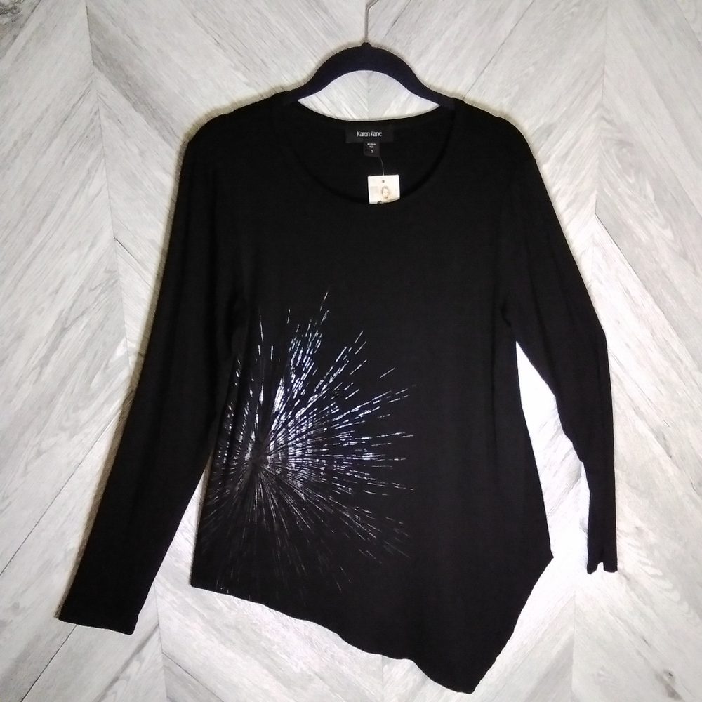 Karen Kane Midnight Sun Print Asymmetric Hem BlackTop Size;Women's Small